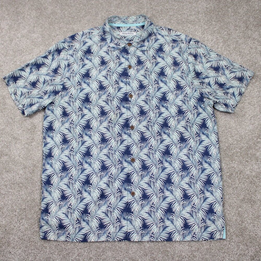 Tommy Bahama Hawaiian Shirt Mens Large Blue Floral 100% Silk Short Sleeve Button